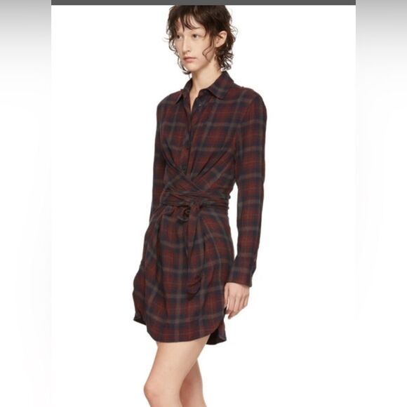 Rag & Bone Felicity Plaid Tie Waist Shirt Dress Burgundy Academia Size M - Picture 8 of 10